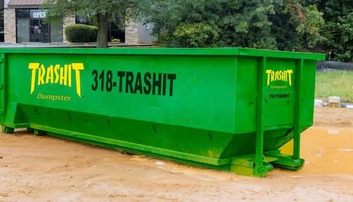 Trashit Dumpster- A green waste container. It is an outdoor bin for waste containment.